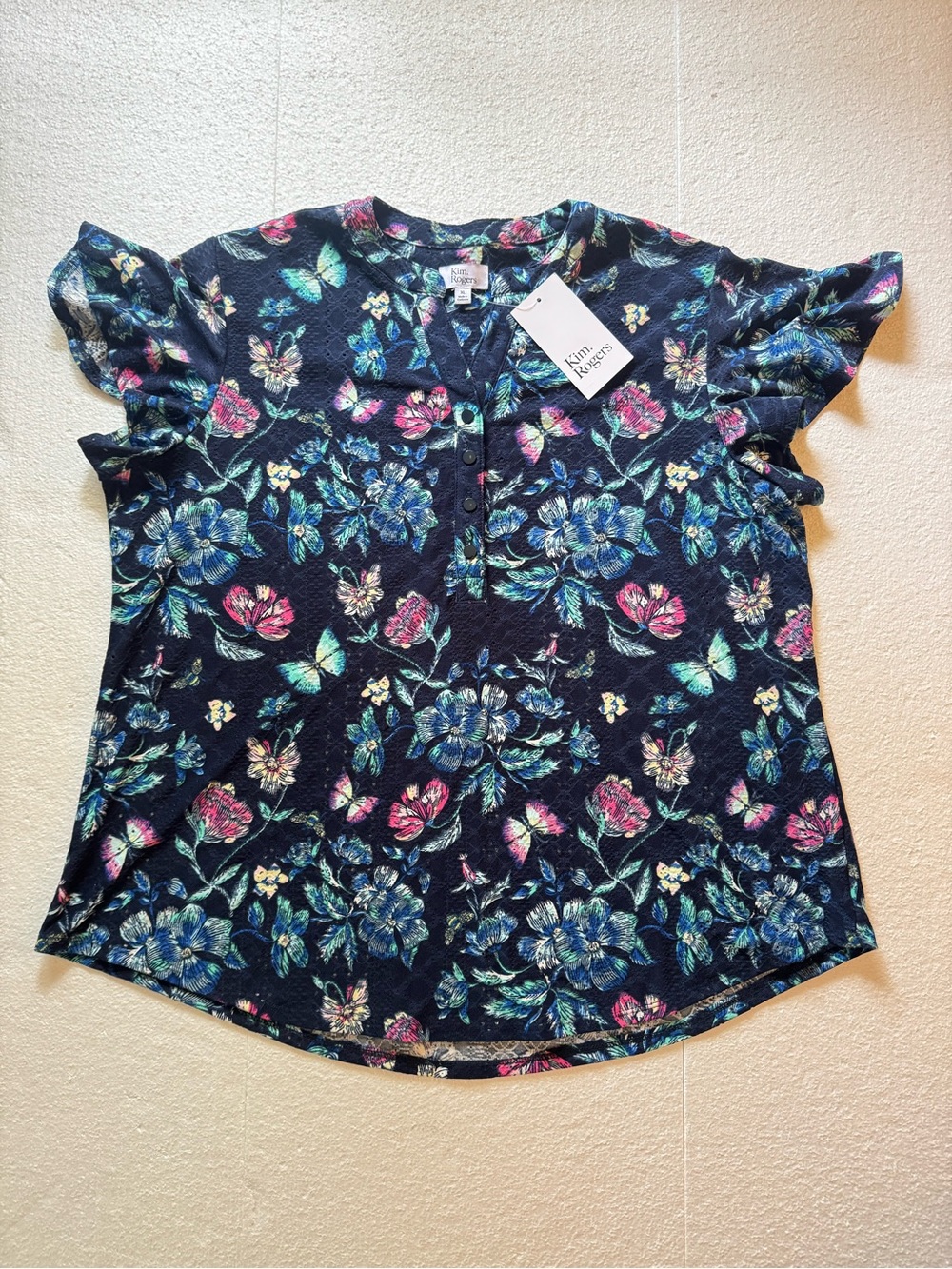 NWT! Floral & Butterfly Kim Rogers Flutter Sleeve Shirt Women's XL